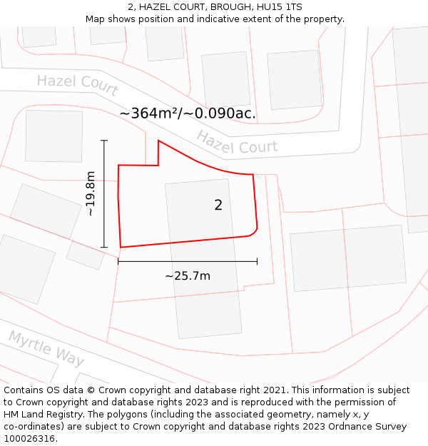 2, HAZEL COURT, BROUGH, HU15 1TS: Plot and title map