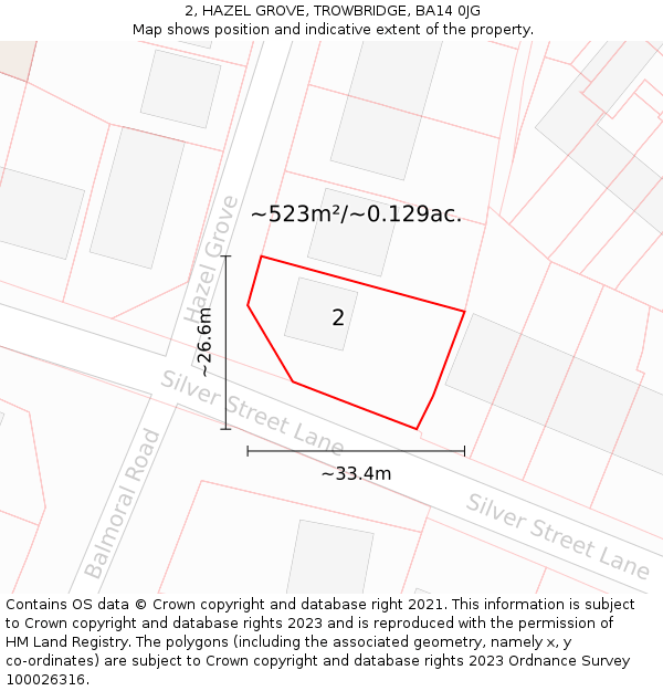 2, HAZEL GROVE, TROWBRIDGE, BA14 0JG: Plot and title map