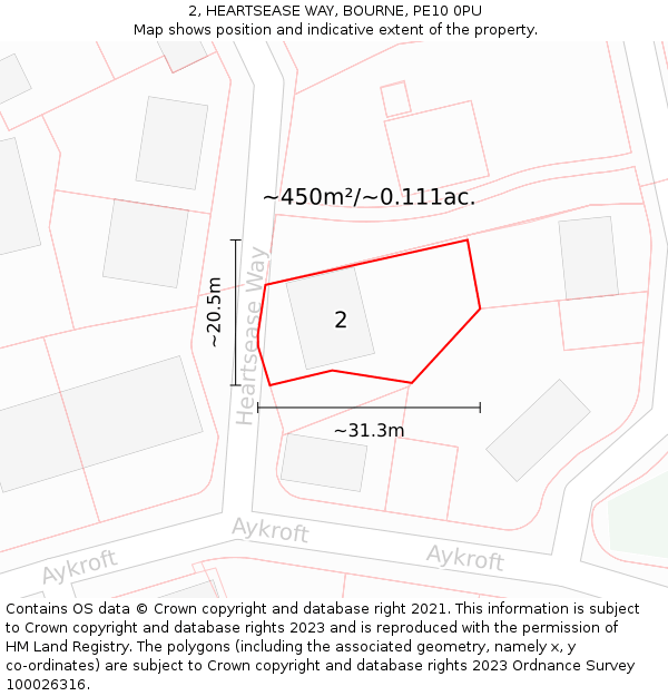 2, HEARTSEASE WAY, BOURNE, PE10 0PU: Plot and title map