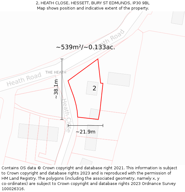 2, HEATH CLOSE, HESSETT, BURY ST EDMUNDS, IP30 9BL: Plot and title map