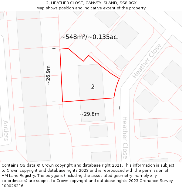 2, HEATHER CLOSE, CANVEY ISLAND, SS8 0GX: Plot and title map