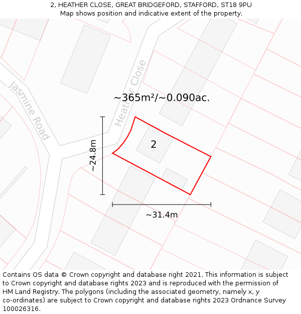 2, HEATHER CLOSE, GREAT BRIDGEFORD, STAFFORD, ST18 9PU: Plot and title map