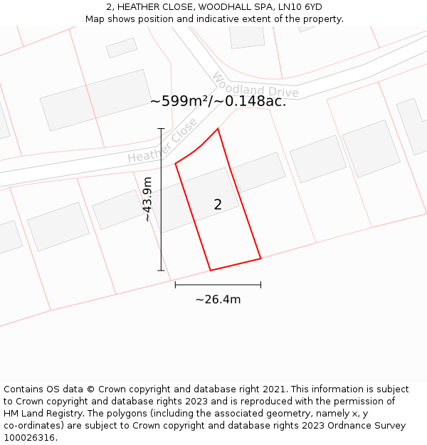 2, HEATHER CLOSE, WOODHALL SPA, LN10 6YD: Plot and title map