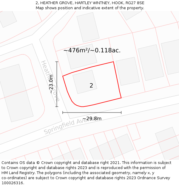 2, HEATHER GROVE, HARTLEY WINTNEY, HOOK, RG27 8SE: Plot and title map