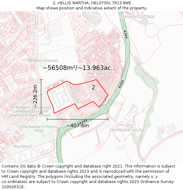 2, HELLIS WARTHA, HELSTON, TR13 8WE: Plot and title map