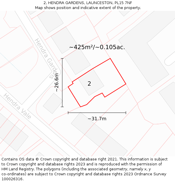 2, HENDRA GARDENS, LAUNCESTON, PL15 7NF: Plot and title map