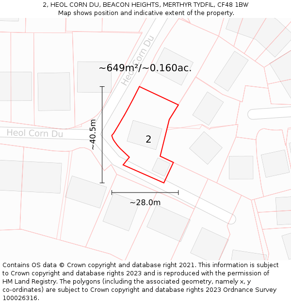 2, HEOL CORN DU, BEACON HEIGHTS, MERTHYR TYDFIL, CF48 1BW: Plot and title map