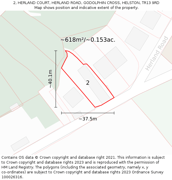 2, HERLAND COURT, HERLAND ROAD, GODOLPHIN CROSS, HELSTON, TR13 9RD: Plot and title map