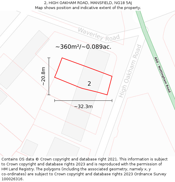 2, HIGH OAKHAM ROAD, MANSFIELD, NG18 5AJ: Plot and title map