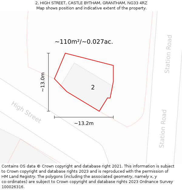 2, HIGH STREET, CASTLE BYTHAM, GRANTHAM, NG33 4RZ: Plot and title map