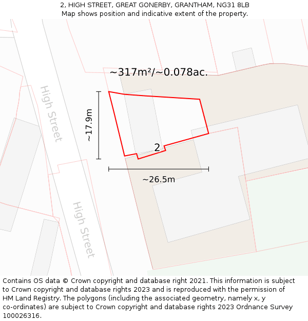 2, HIGH STREET, GREAT GONERBY, GRANTHAM, NG31 8LB: Plot and title map