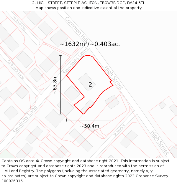 2, HIGH STREET, STEEPLE ASHTON, TROWBRIDGE, BA14 6EL: Plot and title map