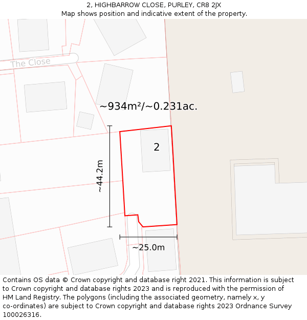 2, HIGHBARROW CLOSE, PURLEY, CR8 2JX: Plot and title map