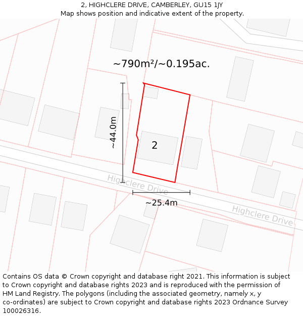 2, HIGHCLERE DRIVE, CAMBERLEY, GU15 1JY: Plot and title map