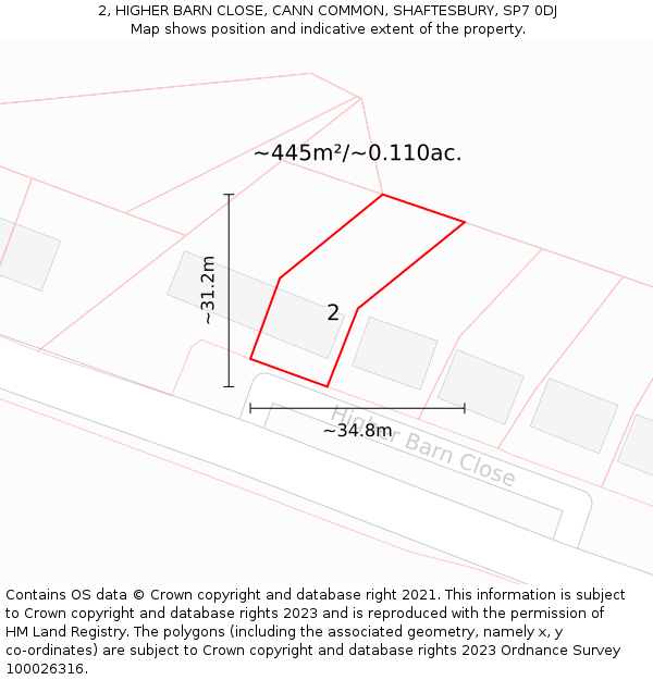 2, HIGHER BARN CLOSE, CANN COMMON, SHAFTESBURY, SP7 0DJ: Plot and title map