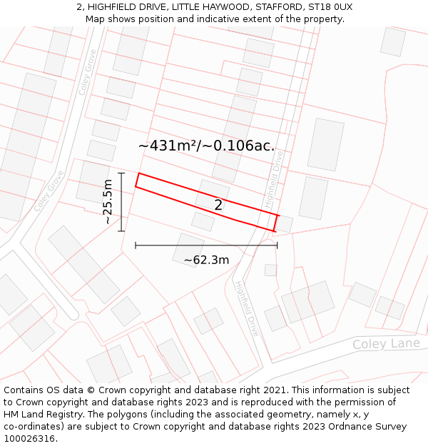 2, HIGHFIELD DRIVE, LITTLE HAYWOOD, STAFFORD, ST18 0UX: Plot and title map