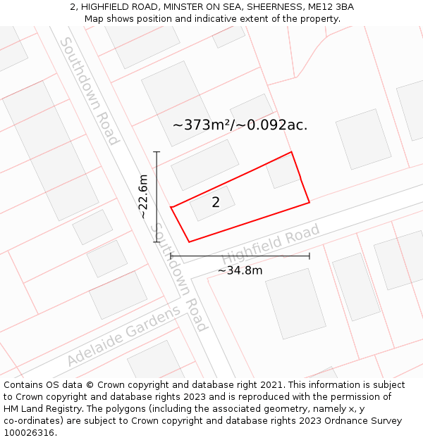 2, HIGHFIELD ROAD, MINSTER ON SEA, SHEERNESS, ME12 3BA: Plot and title map