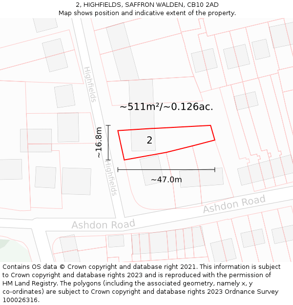 2, HIGHFIELDS, SAFFRON WALDEN, CB10 2AD: Plot and title map