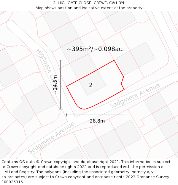 2, HIGHGATE CLOSE, CREWE, CW1 3YL: Plot and title map