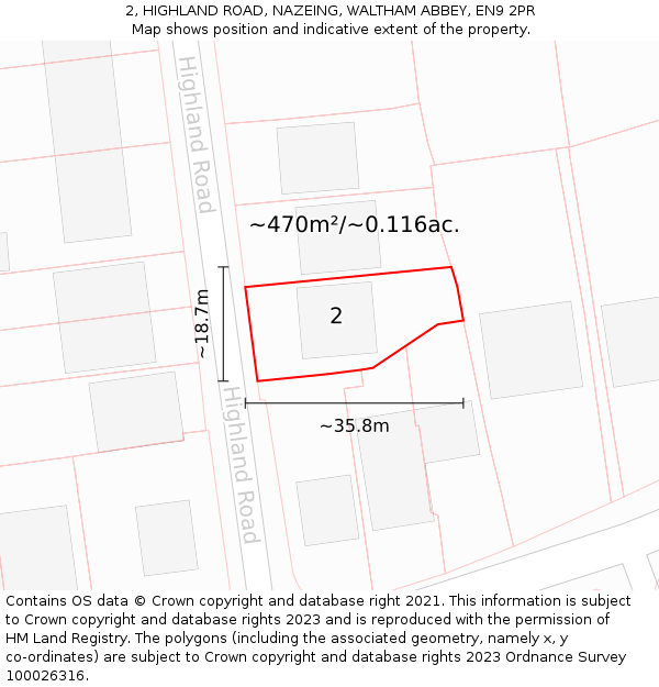 2, HIGHLAND ROAD, NAZEING, WALTHAM ABBEY, EN9 2PR: Plot and title map