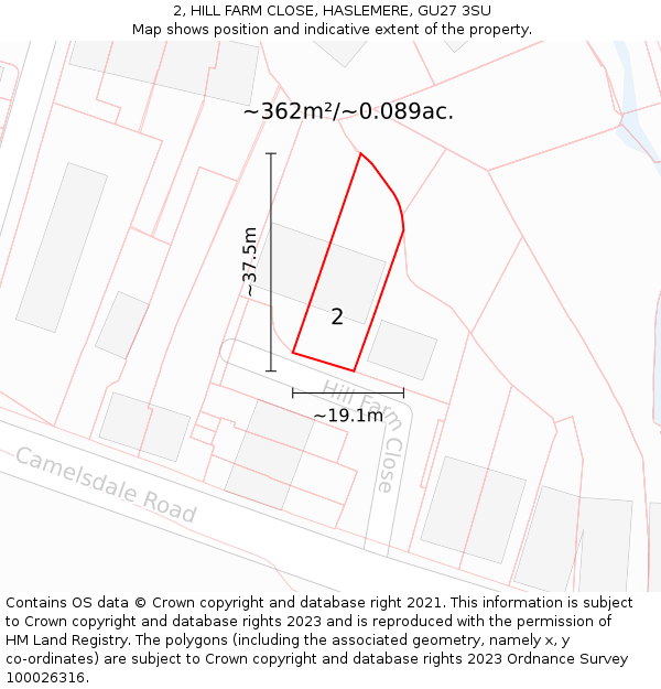 2, HILL FARM CLOSE, HASLEMERE, GU27 3SU: Plot and title map