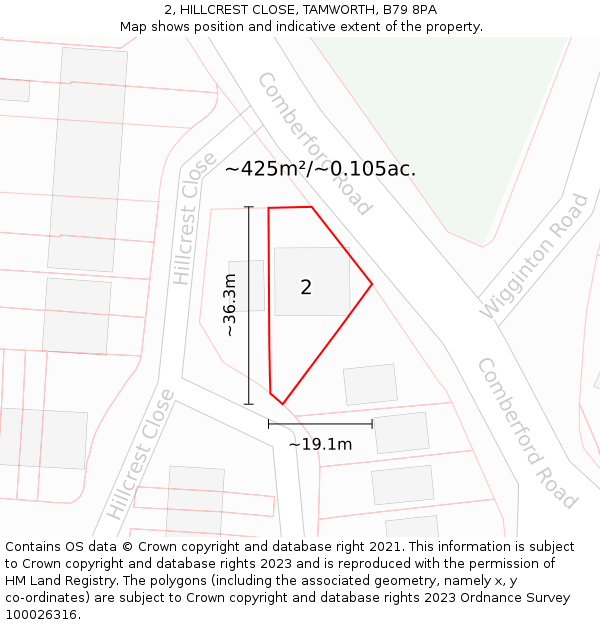 2, HILLCREST CLOSE, TAMWORTH, B79 8PA: Plot and title map