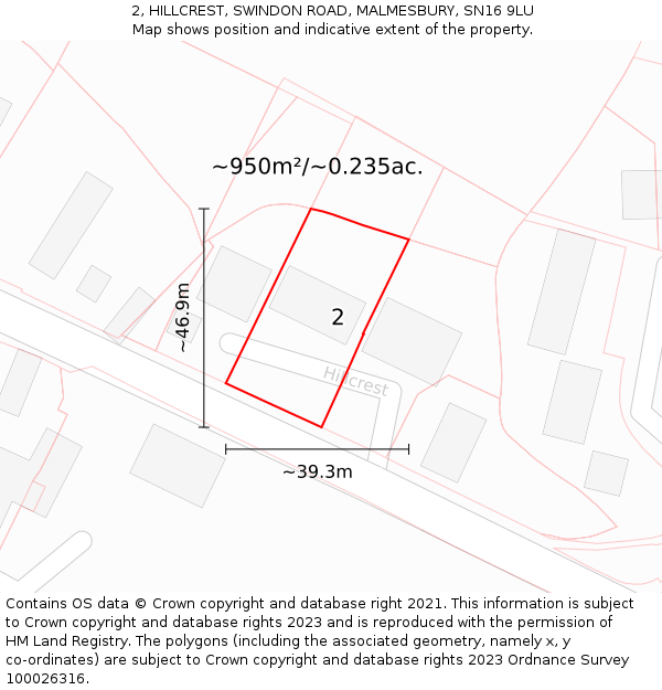 2, HILLCREST, SWINDON ROAD, MALMESBURY, SN16 9LU: Plot and title map