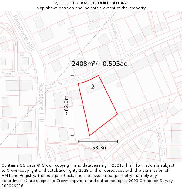 2, HILLFIELD ROAD, REDHILL, RH1 4AP: Plot and title map