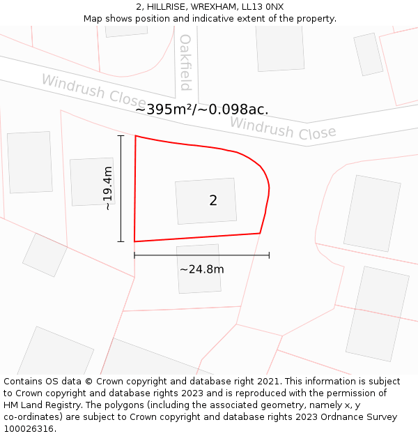 2, HILLRISE, WREXHAM, LL13 0NX: Plot and title map