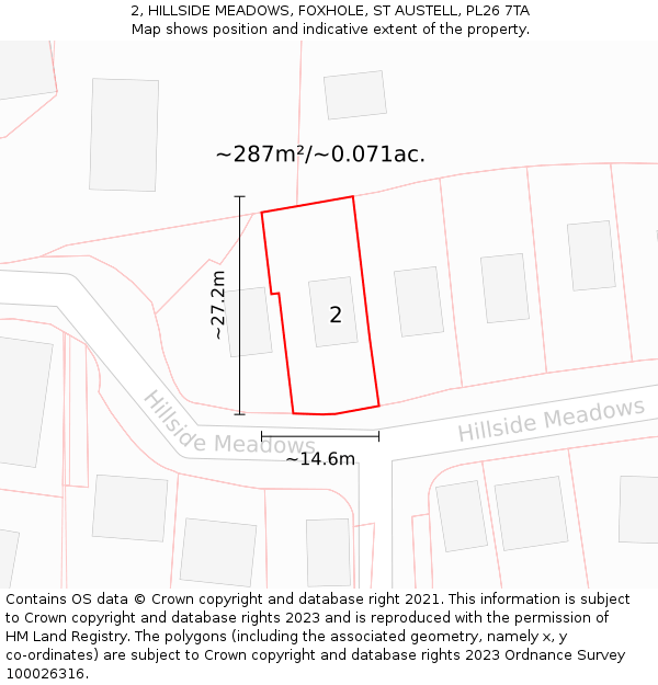 2, HILLSIDE MEADOWS, FOXHOLE, ST AUSTELL, PL26 7TA: Plot and title map