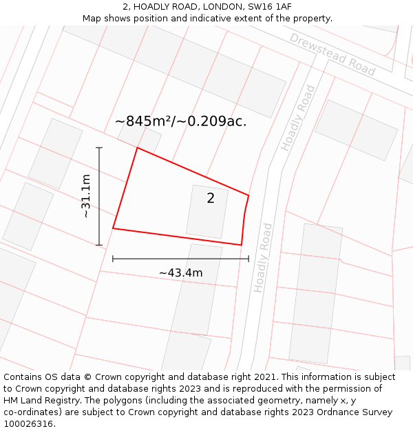 2, HOADLY ROAD, LONDON, SW16 1AF: Plot and title map