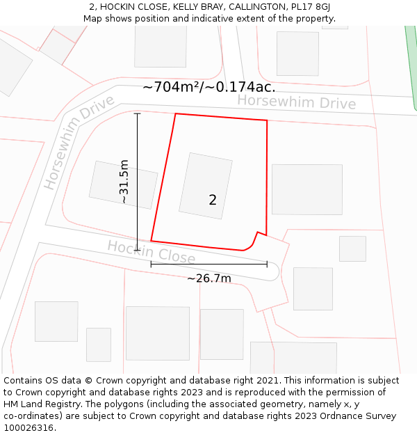 2, HOCKIN CLOSE, KELLY BRAY, CALLINGTON, PL17 8GJ: Plot and title map