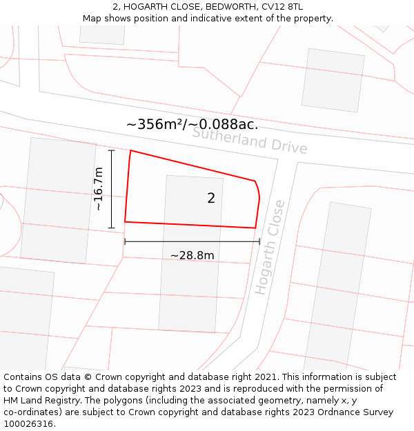 2, HOGARTH CLOSE, BEDWORTH, CV12 8TL: Plot and title map