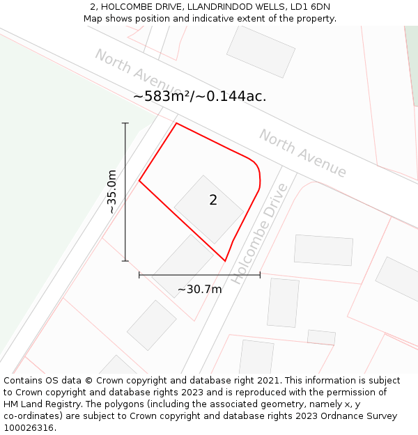 2, HOLCOMBE DRIVE, LLANDRINDOD WELLS, LD1 6DN: Plot and title map