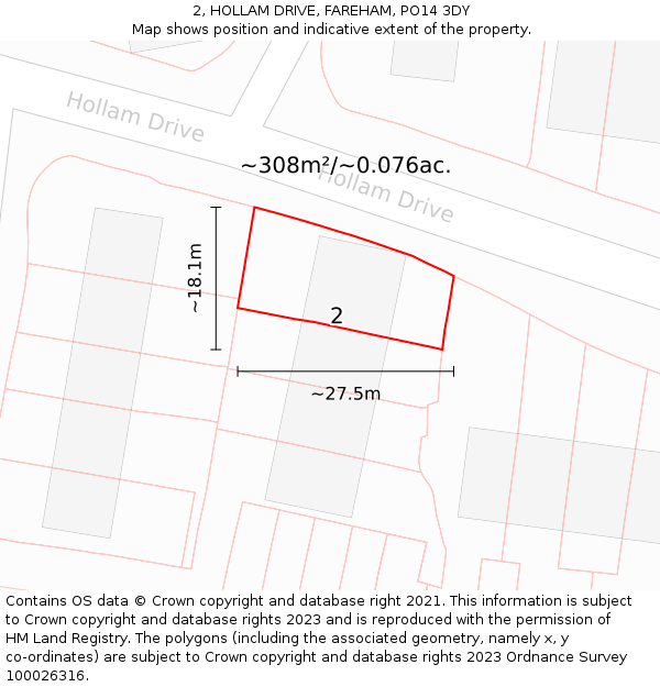 2, HOLLAM DRIVE, FAREHAM, PO14 3DY: Plot and title map