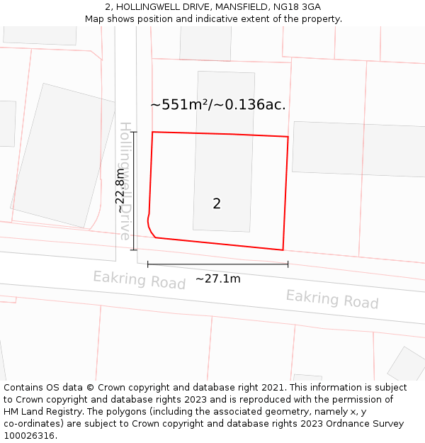 2, HOLLINGWELL DRIVE, MANSFIELD, NG18 3GA: Plot and title map