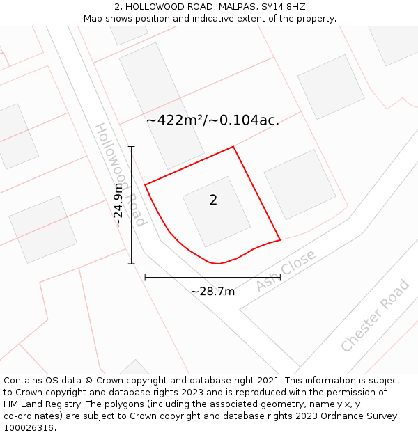 2, HOLLOWOOD ROAD, MALPAS, SY14 8HZ: Plot and title map