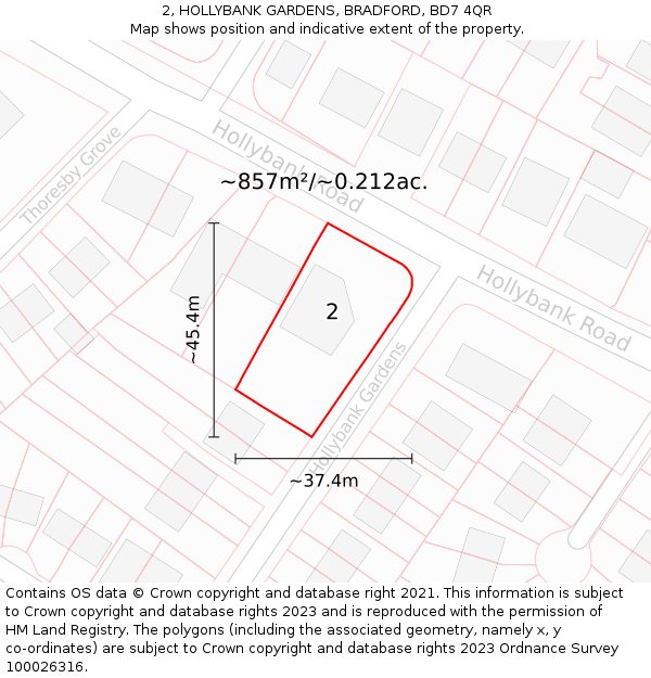 2, HOLLYBANK GARDENS, BRADFORD, BD7 4QR: Plot and title map