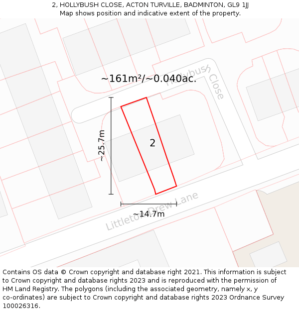 2, HOLLYBUSH CLOSE, ACTON TURVILLE, BADMINTON, GL9 1JJ: Plot and title map