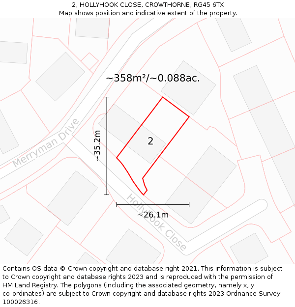 2, HOLLYHOOK CLOSE, CROWTHORNE, RG45 6TX: Plot and title map