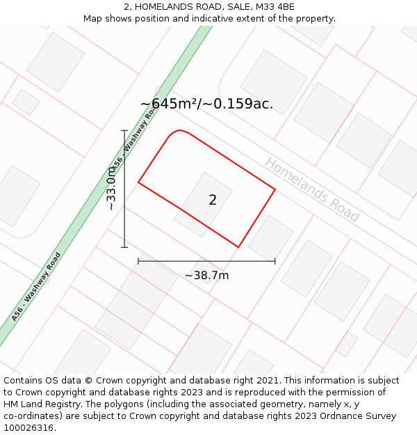 2, HOMELANDS ROAD, SALE, M33 4BE: Plot and title map