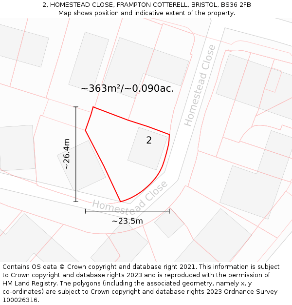 2, HOMESTEAD CLOSE, FRAMPTON COTTERELL, BRISTOL, BS36 2FB: Plot and title map