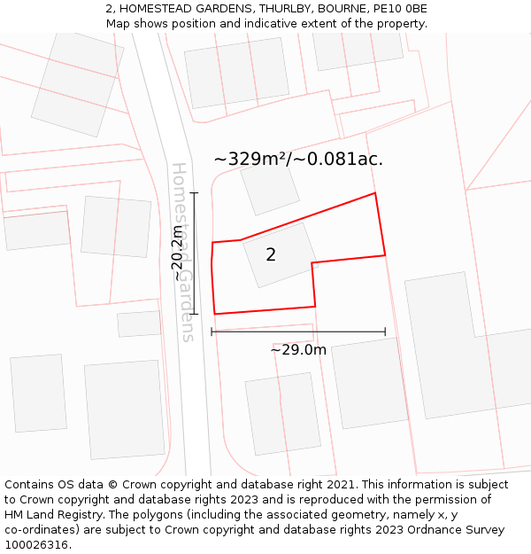 2, HOMESTEAD GARDENS, THURLBY, BOURNE, PE10 0BE: Plot and title map