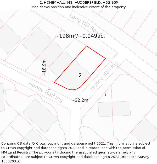 2, HONEY HALL ING, HUDDERSFIELD, HD2 1GP: Plot and title map