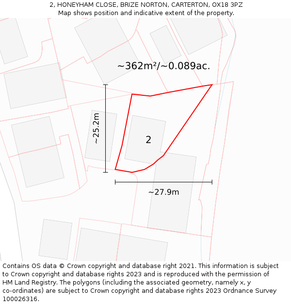 2, HONEYHAM CLOSE, BRIZE NORTON, CARTERTON, OX18 3PZ: Plot and title map