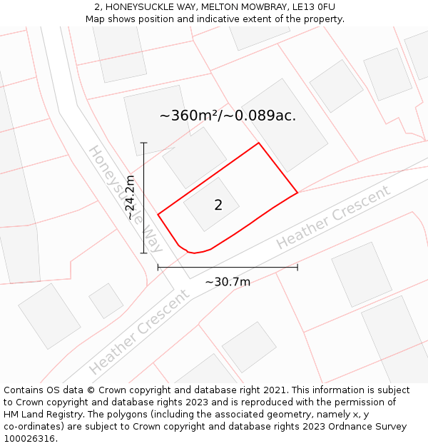 2, HONEYSUCKLE WAY, MELTON MOWBRAY, LE13 0FU: Plot and title map