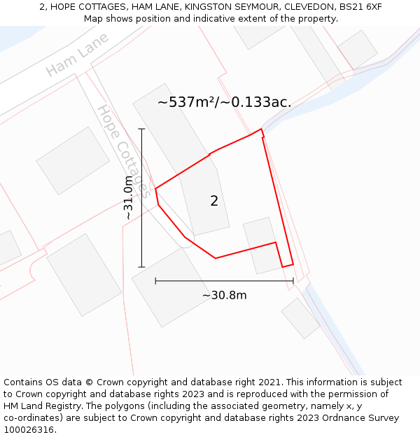 2, HOPE COTTAGES, HAM LANE, KINGSTON SEYMOUR, CLEVEDON, BS21 6XF: Plot and title map