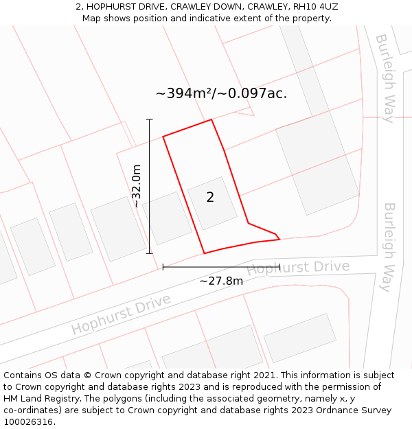 2, HOPHURST DRIVE, CRAWLEY DOWN, CRAWLEY, RH10 4UZ: Plot and title map