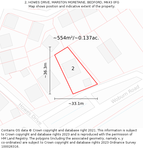 2, HOWES DRIVE, MARSTON MORETAINE, BEDFORD, MK43 0FG: Plot and title map