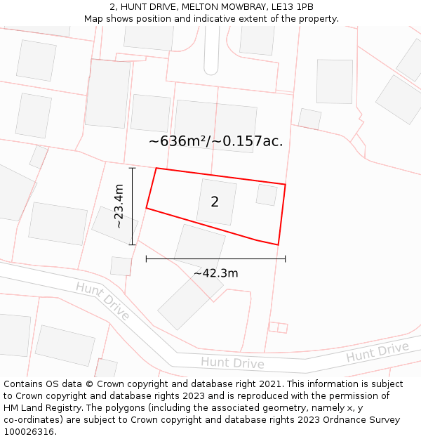 2, HUNT DRIVE, MELTON MOWBRAY, LE13 1PB: Plot and title map